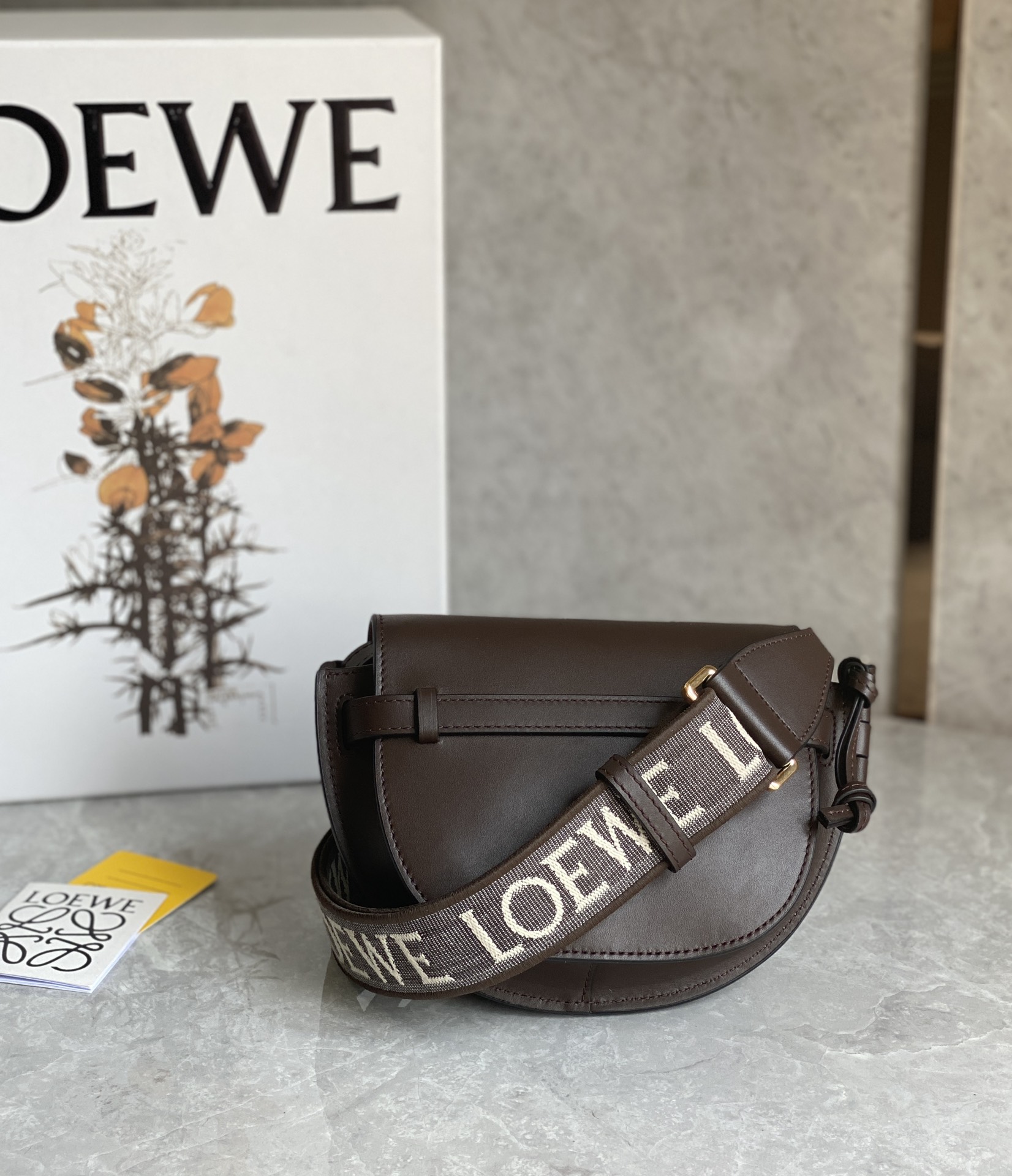 Loewe Mini Gate Dual Bag in Soft Calfskin and Jacquard Dark Chocolate